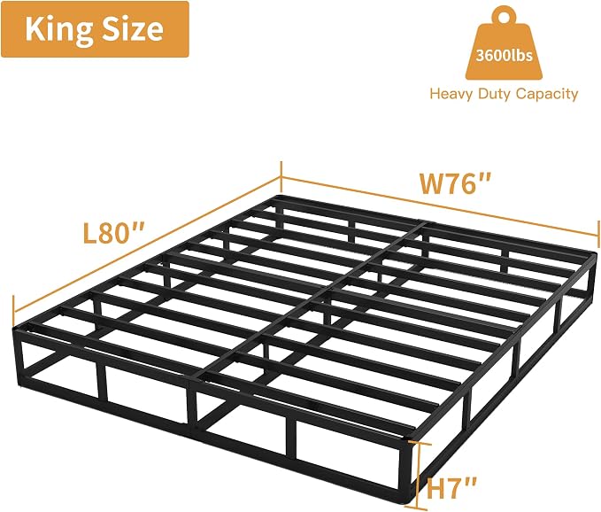 OSASET King Box Spring, 7 Inch King Size Box Spring Only, 3000 lbs Heavy Duty Metal Frame Mattress Foundation with Fabric Cover, Easy Assembly-Noise Free
