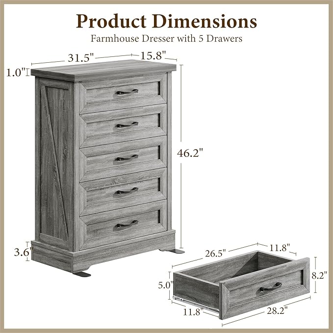 AODK Farmhouse 5 Drawer Dresser for Bedroom, 47" Tall Engineered Wooden Chest of Drawers with Metal Handle, Modern Storage Cabinet and Organizers for Closet, Living Room, Entryway, Gray