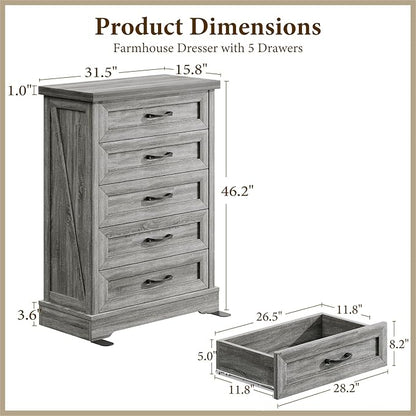 AODK Farmhouse 5 Drawer Dresser for Bedroom, 47" Tall Engineered Wooden Chest of Drawers with Metal Handle, Modern Storage Cabinet and Organizers for Closet, Living Room, Entryway, Gray