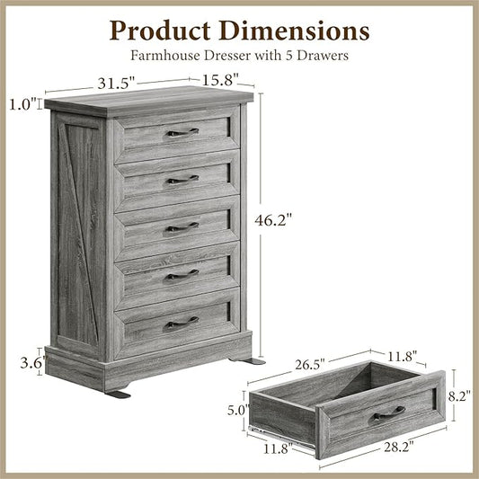 AODK Farmhouse 5 Drawer Dresser for Bedroom, 47" Tall Engineered Wooden Chest of Drawers with Metal Handle, Modern Storage Cabinet and Organizers for Closet, Living Room, Entryway, Gray
