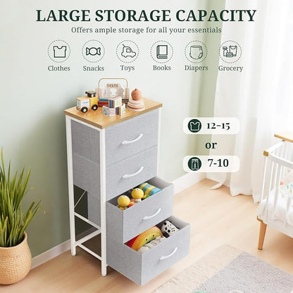 4 Drawers Dresser for Bedroom, Fabric Storage Tower Organizer with Wooden Top and Steel Frame, Tall Chest of Drawers for Closet, Entryway, Dorm, Light Gray