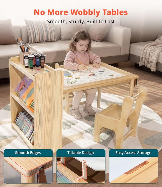 JOIN&JOY Kids Art Table and 2 Chair Set, Multifunctional Craft Table with Storage Shelves, Toddler Activity for Creativity, Drawing, Learning & Playtime