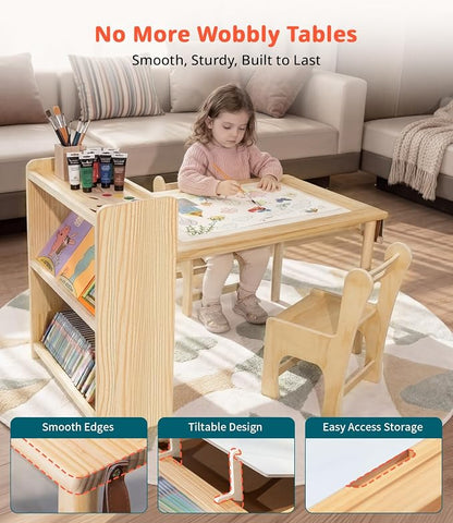 JOIN&JOY Kids Art Table and 2 Chair Set, Multifunctional Craft Table with Storage Shelves, Toddler Activity for Creativity, Drawing, Learning & Playtime