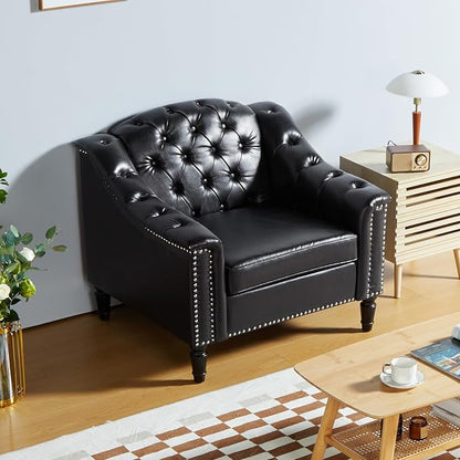 LEVNARY Chesterfield Chair Leather, Upholstered Sofa Chair with High Back, Mid-Century Modern Armchair with Solid Wood Legs, Single Couches for Living Room (Black)