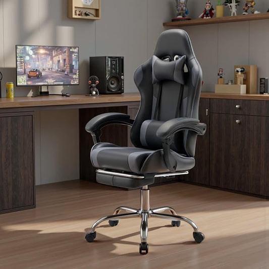 DUMOS Ergonomic Gaming Office Desk Chair with Footrest and Headrest for Adults, PU Leather Video Computer Chair with Linkage Armrests, Height Adjustable 360° Swivel Recling, Black Grey