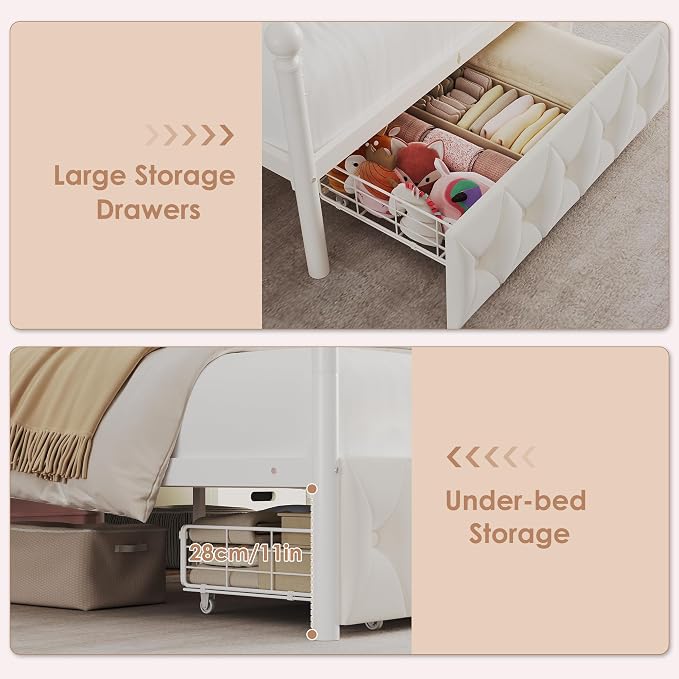 Keyluv Twin Size Upholstered LED Canopy Bed Frame with Charging Station and Drawer, Button Tufted Crown Headboard with Storage Shelf, Two-Purpose Removable Four Poster Design Platform Bed, Beige