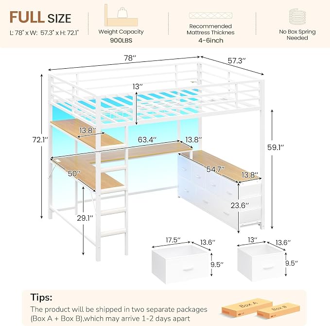 DICTAC Loft Bed Full Size with U-Shaped Desk,7 Storage Drawers and Charging Station,Metal Full Loft Bed with Led Lights and 2-tier Storage Shelves,loft full bed with Safety Guardrail and Ladders,White