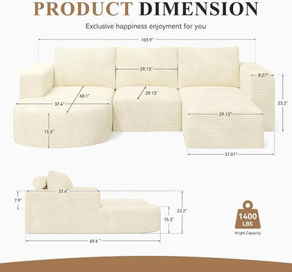 Boneless Couches for Living Room with Chaise,104" Modular Sectional Sofa with Convertible Ottoman,Cozy Cloud Couch with U-Shaped,Sponge Compression Sofas in a Box,No Assembly Required(Beige) 1pcs