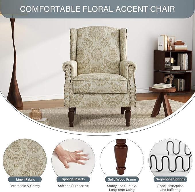 High Back Accent Chair, Fabric Upholstered Armchair for Living Room, Floral Wingback Chair with Retro Solid Wood Legs, Nailhead Trim Single Sofa Bedroom Reading Seat - White
