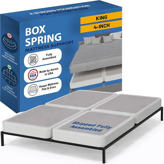 Greaton, Box Spring Bed Base King Size, 4-Inch Wood Mattress Foundation – Amish Made in USA – Quiet Noise Free, 4-Pieces Under Mattress-Support BoxSpring, Fully Assembled, White
