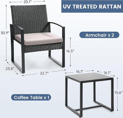 Murago 3 Piece Wicker Patio Bistro Set, Rattan Conversation Set with Coffee Table, for Balcony, Porch, Garden, Yard, Poolside, Black Frame with Grey Cushion