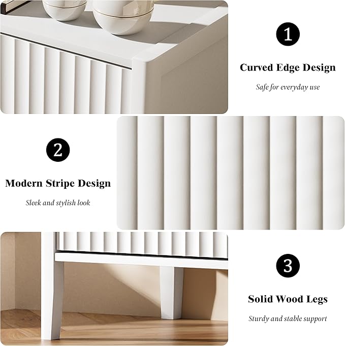 Furniway 31.5" Wide White 3 Drawer Nightstand, Modern Fluted Bedside Table with Metal Handles, Large Storage End Table for Bedroom