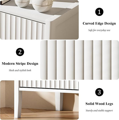 Furniway 31.5" Wide White 3 Drawer Nightstand, Modern Fluted Bedside Table with Metal Handles, Large Storage End Table for Bedroom