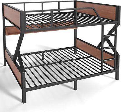 KEIKI Full Over Full Bunk Bed, Heavy Duty Metal Bunkbed with Storage Shelves, Lights, Bottom Space & Guardrail for Aldults Dorm Bedroom Guest Room, No Box Spring Needed, Noise-Free Design