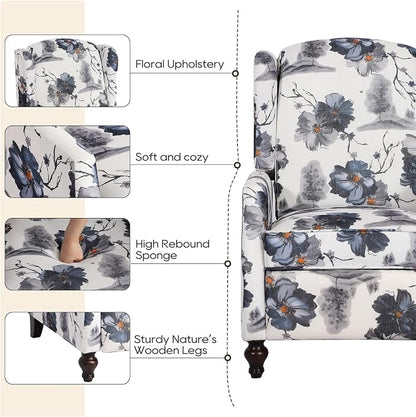 Upholstered Wingback Recliner Chair, Mid Century Modern Manual Push Back Recliner for Living Room, Bedroom (1, Blue Floral)