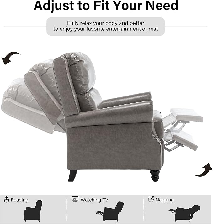 Faux Leather Recliner Chair, Modern Pushback Armchair with Adjustable Backrest & Footrest for Bedroom, Living Room (Grey, Set of 2)