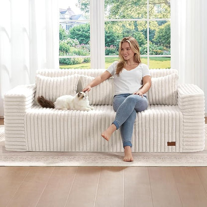 ZurNesfure Sofa Couch Cloud 3-Seater Memory Foam Couch with Pillow No Assembly Required, Modern Couch with Removable Washable Cover Boneless Sofas for Living Room Bedroom Apartment (White,3-Seater)
