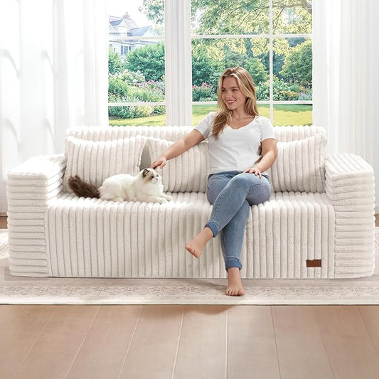 ZurNesfure Sofa Couch Cloud 3-Seater Memory Foam Couch with Pillow No Assembly Required, Modern Couch with Removable Washable Cover Boneless Sofas for Living Room Bedroom Apartment (White,3-Seater)