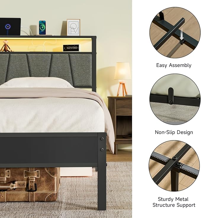 Z-hom 14 Inch Storage Headboard with Charging Station Twin Bed Frame,LED Bed w/Upholstered Headboard and Footboard, Metal Platform Bed w/ 2-Tier Shelves,Easy Assembly,No Box Spring Needed,Noise Free