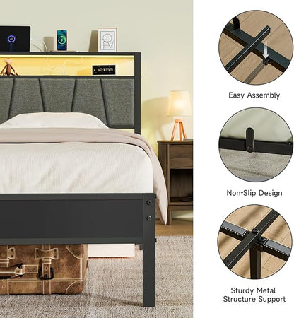 Z-hom 14 Inch Storage Headboard with Charging Station Twin Bed Frame,LED Bed w/Upholstered Headboard and Footboard, Metal Platform Bed w/ 2-Tier Shelves,Easy Assembly,No Box Spring Needed,Noise Free