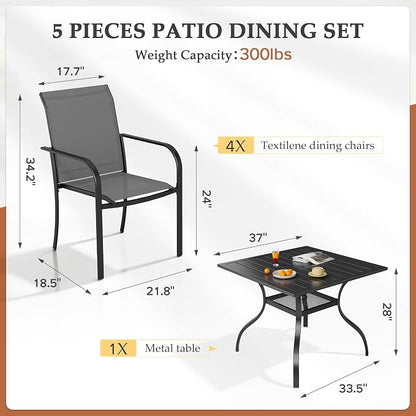 SUNCROWN 5 - Piece Outdoor Dining Set, Patio Furniture Set with 4 x Textilene Dinning Chairs and 1 Steel Slat Metal Bistro Table for Lawn Garden Backyard Deck, Grey