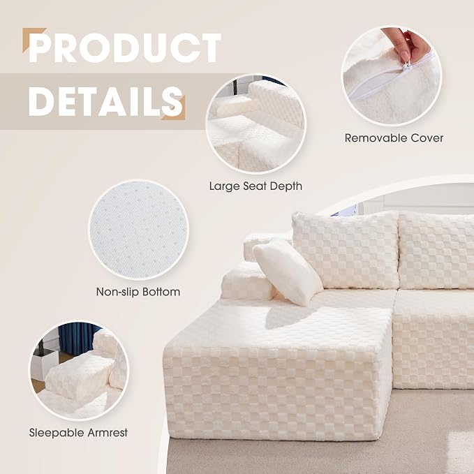 Hobestluk Boneless Couch Modular Sectional Sofa L-Shape Couch 3 Seat Modular Couch Memory Foam Sectional Couches for Living Room Furniture, Cloud Couch with Chaise Lounge (96" Left Facing Chaise)
