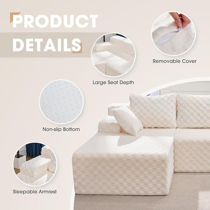 Hobestluk Boneless Couch Modular Sectional Sofa L-Shape Couch 3 Seat Modular Couch Memory Foam Sectional Couches for Living Room Furniture, Cloud Couch with Chaise Lounge (96" Left Facing Chaise)