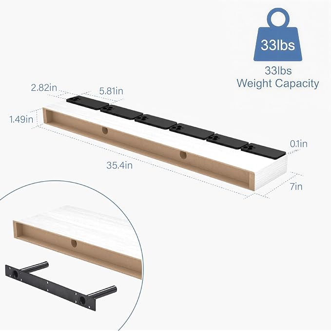 Floating Shelves for Wall, Bathroom Shelves Over Toilet, Wall Shelves & Book Shelf for Room, Hanging Shelf, Modern Wooden Mounted Floating Shelves, 36x7x1.5 in (White, Set of 2)