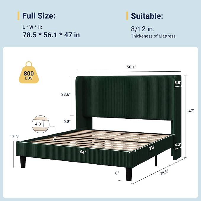 Allewie Full Size Bed Frame with Upholstered Wingback Headboard, Vertical Channel Tufted Corduroy Velvet Platform Bed, Strong Wooden Slats Support, No Box Spring Needed, Easy Assembly, Dark Green