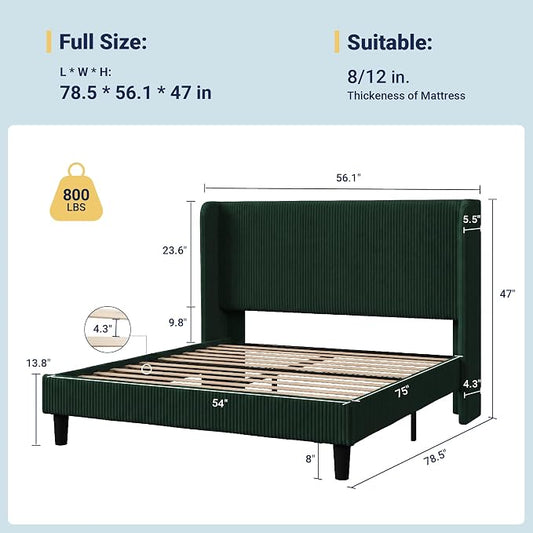 Allewie Full Size Bed Frame with Upholstered Wingback Headboard, Vertical Channel Tufted Corduroy Velvet Platform Bed, Strong Wooden Slats Support, No Box Spring Needed, Easy Assembly, Dark Green