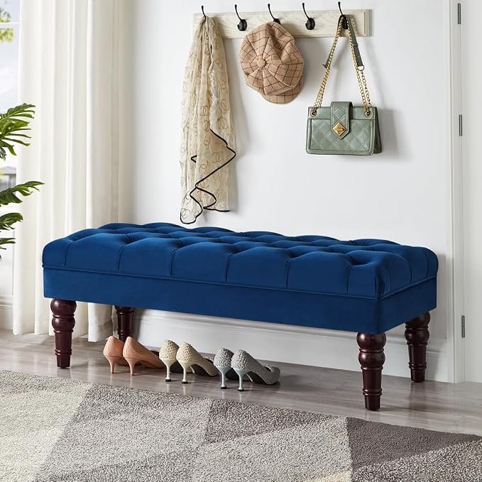 24KF Velvet Upholstered Buttons Tufted Entryway Bench with Solid Wood Leg,Bed Bench Ottoman with Padded Seat,5061N-Navy