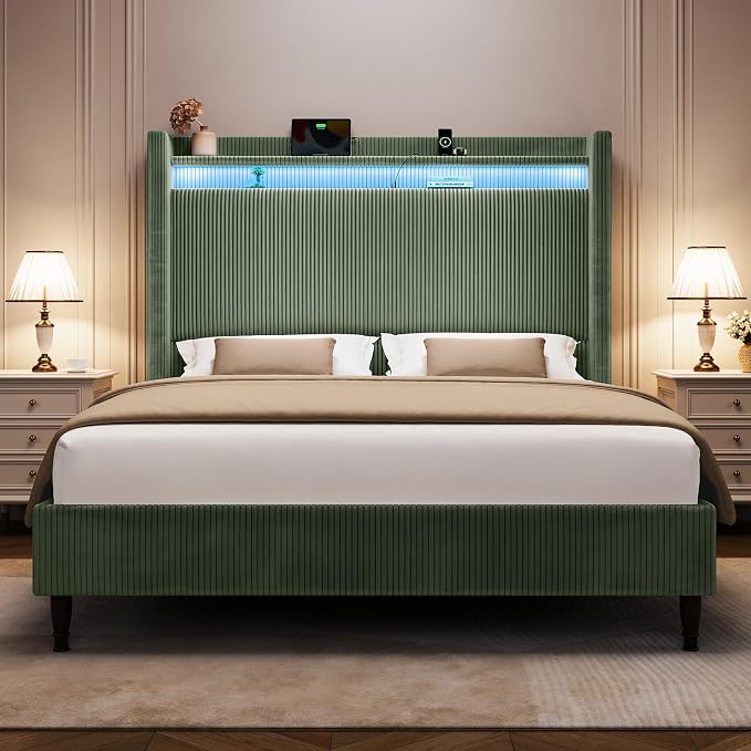 Queen Size Bed Frame with Tall Headboard, 55.3" Upholstered Platform Queen Bedframe with Wingback Storage Headboard, Charging Station & LED Lights, No Box Spring Needed, Wooden Slats, Corduroy, Green
