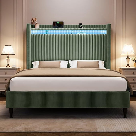 Queen Size Bed Frame with Tall Headboard, 55.3" Upholstered Platform Queen Bedframe with Wingback Storage Headboard, Charging Station & LED Lights, No Box Spring Needed, Wooden Slats, Corduroy, Green