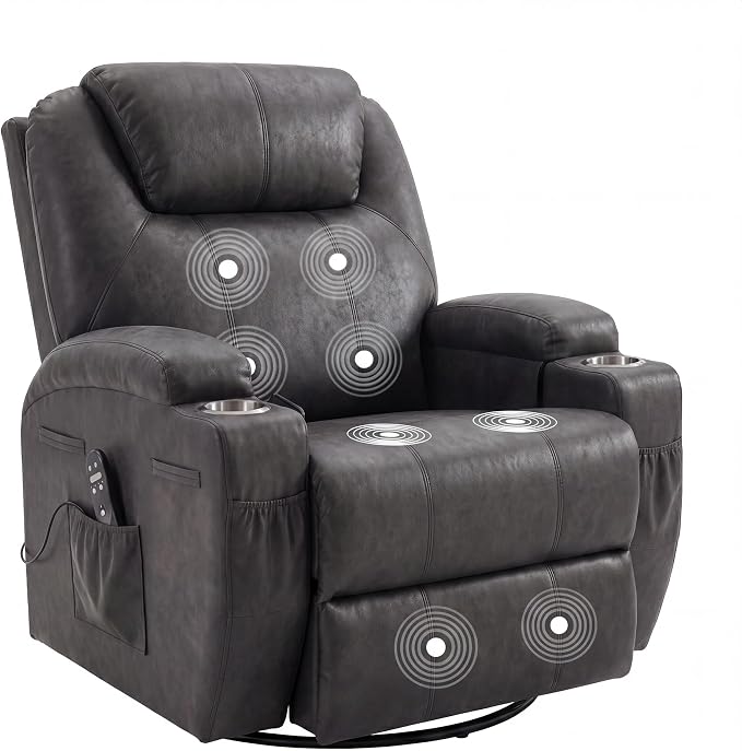 JUMMICO Small Swivel Rocker Recliner, 360 Rocking Chair Recliner with Massage, Upholstered Leathaire Rocker Recliner with Cup Holder for Living Room, Bedroom, Nursery (Black)