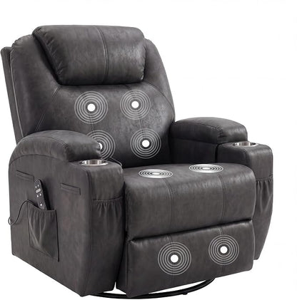 JUMMICO Small Swivel Rocker Recliner, 360 Rocking Chair Recliner with Massage, Upholstered Leathaire Rocker Recliner with Cup Holder for Living Room, Bedroom, Nursery (Black)