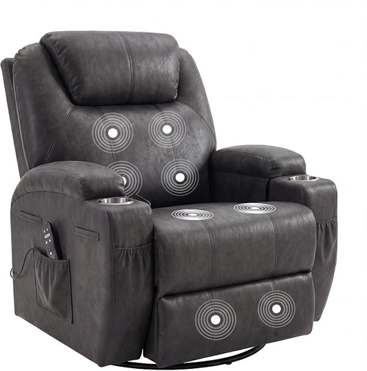 JUMMICO Small Swivel Rocker Recliner, 360 Rocking Chair Recliner with Massage, Upholstered Leathaire Rocker Recliner with Cup Holder for Living Room, Bedroom, Nursery (Black)