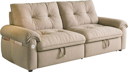 77.2'' Pull Out Couch Full Size, Pre-assembled Sleeper Sofa Bed, Flannel Convertible Futon Sofa Bed with Adjustable Backrest, USB, Side Pocket, Loveseat for Living Room, Apartment, Light Brown