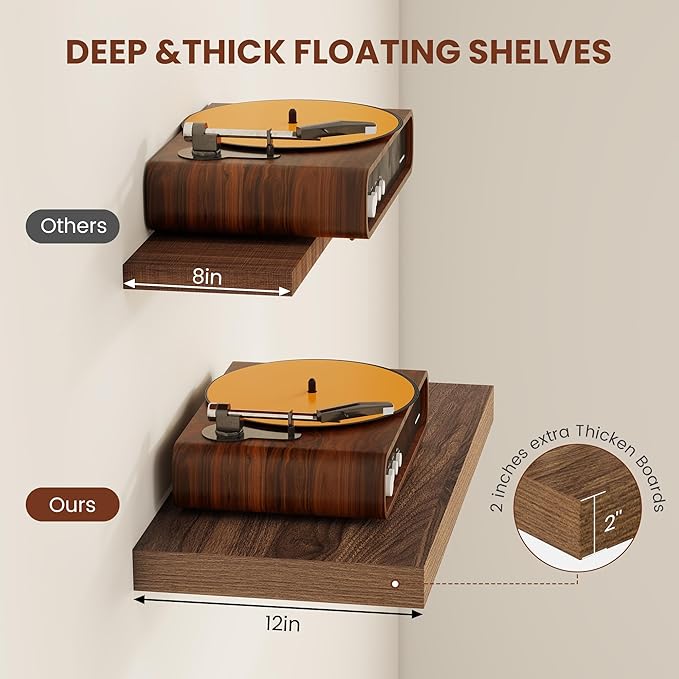 Vivelove Wide Floating Shelves for Wall 12 Inch Deep, 16" X 12" X 2" Floating Shelf, 2 Inch Thick Shelf for Living Room Bathroom Bedroom Kitchen Book Room, Rustic Farmhouse Decor Set of 2, Walnut
