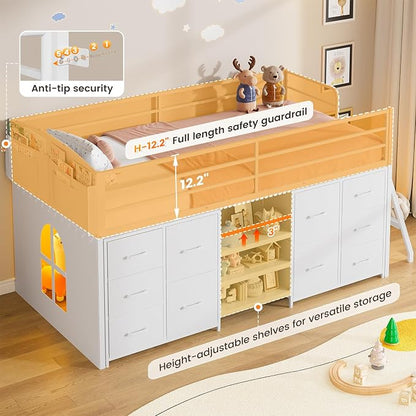 Twin Low Loft Bed with 10 Storage Drawers and LED Lights, Loft Bed Twin Size for Kids with Bookcase, Metal Kids Loft Bed Frames with Safety Guardrail, Inclined Ladder&Play Curtain,Spave Saving,White