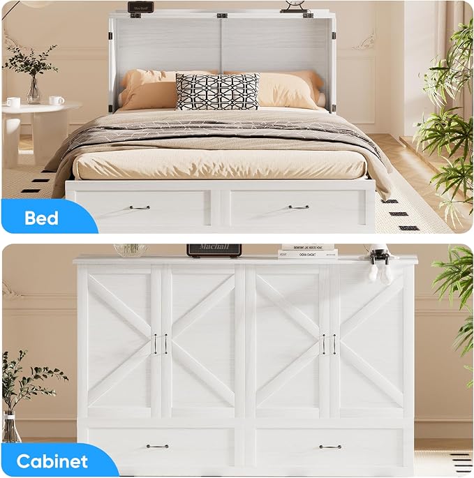 PUREMIND Queen Murphy Bed Cabinet with Mattress Included, Bedroom Cabinet Beds with USB Charging Station, Murphy Chest Bed with Storage Drawers, Horizontal Wallbed for Guest Room White