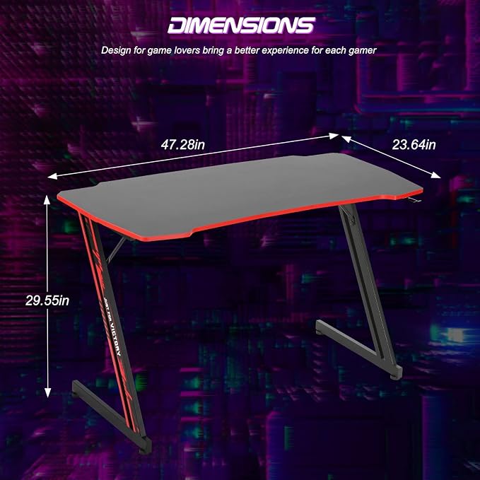 BestOffice Gmaing Desk Z Shaped 47 inch PC Computer Desk Computer Workstation Ergonomic Gaming Table with Headphone Hook for Game Players, Red