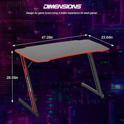 BestOffice Gmaing Desk Z Shaped 47 inch PC Computer Desk Computer Workstation Ergonomic Gaming Table with Headphone Hook for Game Players, Red