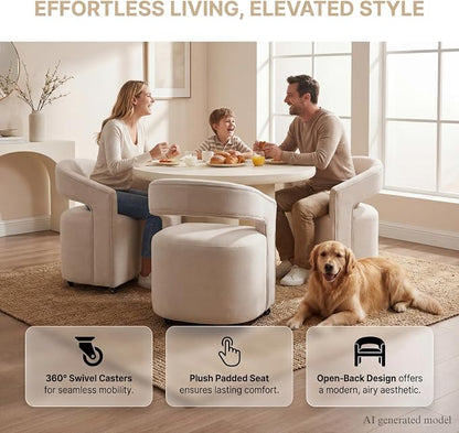 HNY 360° Swivel Upholstered Dining Chairs with Wheels Set of 6 – Soft Linen Fabric, Barrel Back Design, Rolling Kitchen Seating for Living Room, Makeup Vanity, Reception, Beige