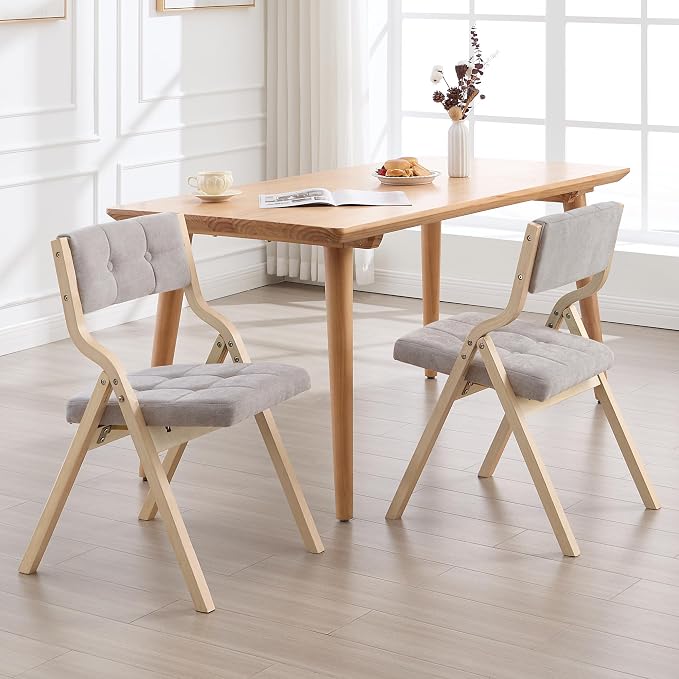 4-Pack Folding Dining Chairs with Cushion,Padded Foldable Dining Chairs,Portable Wooden Folding Chairs with Tufted Buttons Seat for Dining Rooms Kitchen Wedding and Party Indoor Lightgrey