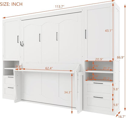 Merax Queen Size Murphy Bed with Desk, Multifunctional Foldable Wall Bed with Closet, Drawers and Shelves, Space-Saving Wood Platform Bed Frame for Small Spaces Studio Study Office Guest Room, White