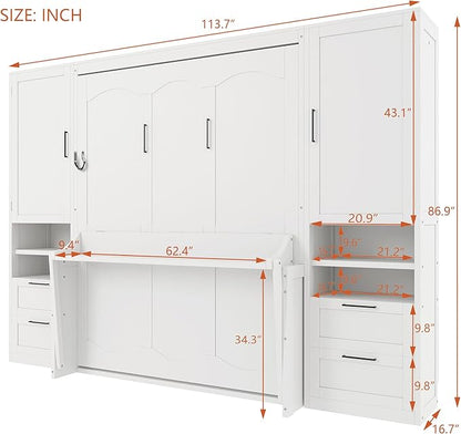 Merax Queen Size Murphy Bed with Desk, Closet, Drawers and Shelves, Fold into the Wall, Space-Saving Foldable Wood Platform Bed Frame for Small Spaces Studio Study Office Guest Room, White