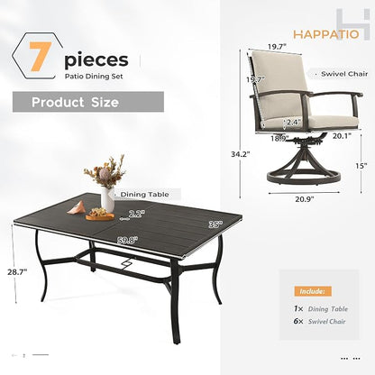 HAPPATIO 7 Piece Patio Swivel Dining Set, Aluminum Outdoor Dining Set for 6,Dining Table and Chairs Set, Patio Dining Furniture with Aluminum Table, Swivel Chairs and Washable Cushions (Black)