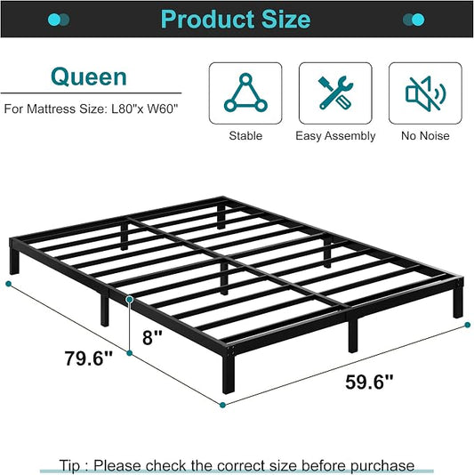 Maenizi 8 Inch Bed Frame Queen Size No Box Spring Needed, Heavy Duty Queen Platform Metal Bed Frame Support Up to 3000 lbs, Easy Assembly, Noise Free, Black