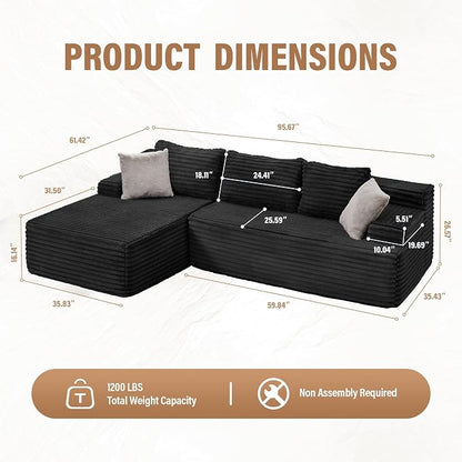 Hobestluk Boneless Couch Modular Sectional Sofa L-Shape Cloud Couch Lounge | 96" Left Facing Chaise Black,Memory Foam,Removable Cover,Non-slip Bottom,No Assemble Required,Furniture for Small Home