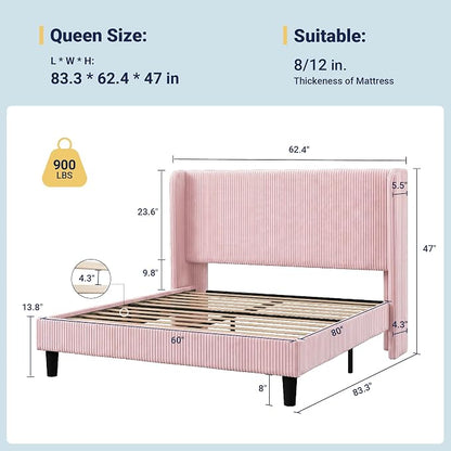 Allewie Queen Size Bed Frame with Upholstered Wingback Headboard, Vertical Channel Tufted Corduroy Velvet Platform Bed, Strong Wooden Slats Support, No Box Spring Needed, Easy Assembly, Light Pink